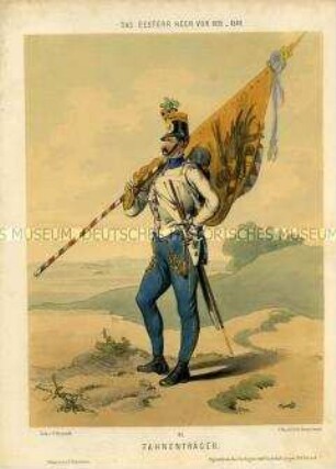 Uniformdarstellung, Fahnenträger mit Fahne, Österreich, 1835/1848. Tafel 93 aus: Gerasch: Das Oesterreichische Heer.