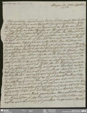 Eigenh. Brief von Sophie Bernhardi an August Wilhelm von Schlegel, München, 19.09.1807