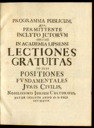 Programma Publicum, Qvo, Per Mittente Inclyto Ictorum Ordine In Academia Lipsiensi