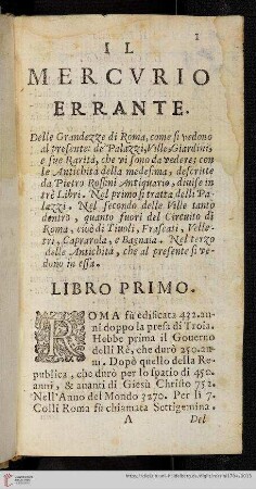 Il Mercvrio errante delle Grandezze di Roma [...] Libro primo
