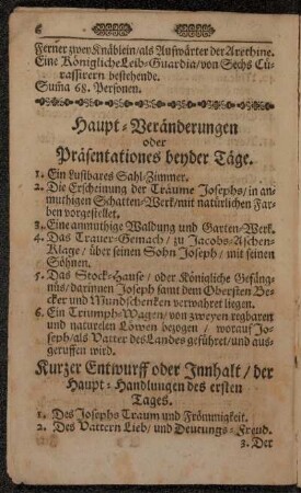 Kurzer Entwurff oder Innhalt/ der Haupt-Handlungen des ersten Tages.