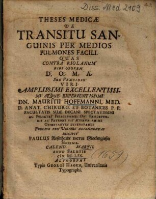 Theses Medicae De Transitu Sanguinis Per Medicos Pulmones Facili