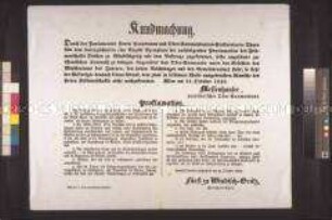 Maueranschlag: Der Oberkommandant der Nationalgarde Messenhauser gibt die Proklamation des Oberkomman- dierenden der kaiserlichen Truppen Feldmarschall Windischgrätz mit der Forderung der sofortigen Kapitulation der Stadt Wien bekannt; Wien, 24. Oktober 1848