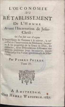 L´Oeconomie Du Retablissement De L´Homme aprés L´Incarnation de Jesus Christ ... [4]