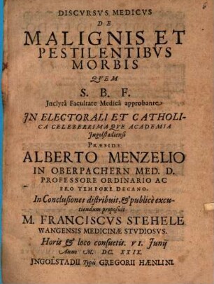 Discvrsvs Medicvs De Malignis Et Pestilentibvs Morbis