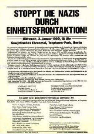 Flugblatt, das zu einer Demonstration gegen die Schändung des Treptower Ehrenmals aufruft