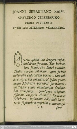 Joanni Sebastiano Kaim, Chyrurgo Celeberrrimo Urbis Styrensis Patri Suo Aeternum venerando
