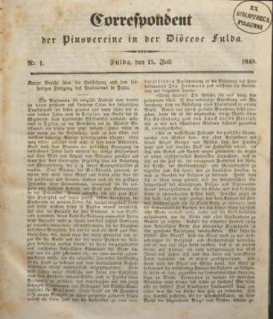 Nr. 1. Fulda, den 15. Juli 1849.