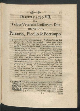 Dissertatio VII. De Tribus Veterum Prussorum Diis maioribus, Percuno, Picollo & Potrimpo.