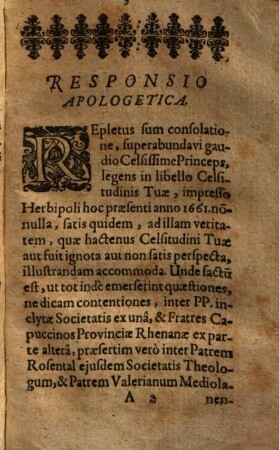 Responsio Apologetica Pro R.P. Valeriano Magno Mediolanensi, Missionario Apostolico, & Sociis eius Capuccinis, ad libellum Anno 1661. A Celisissimo Principe Ernesto Haßiae Landgravio editum, eiusdemq[ue] opera Herbipoli impressum, cui titulus erat: Audiatur & altera pars