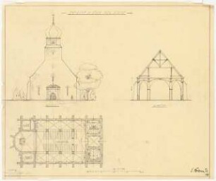Katholische Kirche: Ansicht, Grundriss, Schnitt 1:150