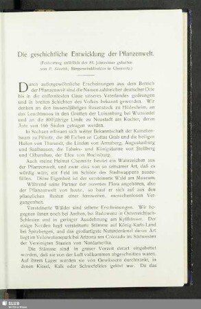 Die geschichtliche Entwicklung der Pflanzenwelt : Festvortrag anläßlich der 84. Jahresfeier gehalten