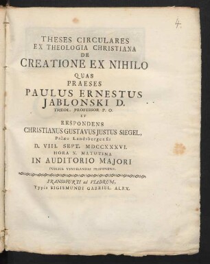 Theses Circulares Ex Theologia Christiana De Creatione Ex Nihilo