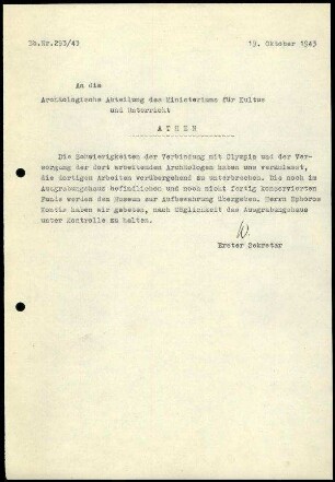 W. Wrede an Ministerium für Kultus, Archäologische Abteilung
