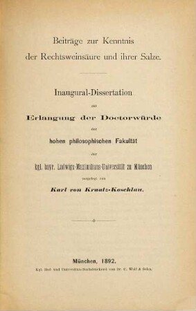 Beiträge zur Kenntnis der Rechtsweinsäure und ihrer Salze ...