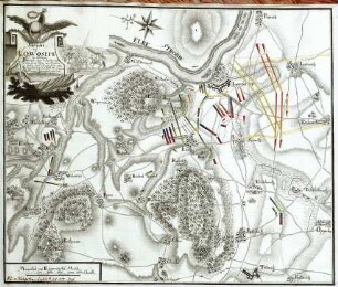 WHK 24 Deutscher Siebenjähriger Krieg 1756-1763: Plan der Schlacht bei Lobositz in Böhmen zwischen den siegreichen Preußen unter Friedrich II. und den Österreichern unter Feldmarschall Brown, 1. Oktober 1756