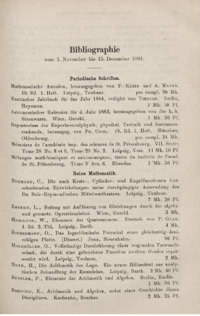 Bibliographie vom 1. November bis 15. December 1881.