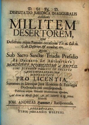 Disputatio Juridica Inauguralis exhibens Militem Desertorem
