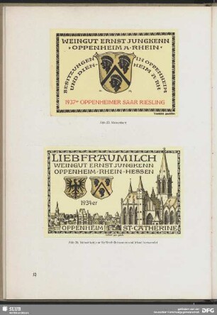 Weinetikett Weingut Ernst Jungkenn. Oppenheim a. Rhein Besitzungen in Oppenheim und Dienstheim a. Rh. 1937er Oppenheimer Saar Rießling