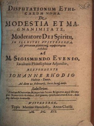 Disputationum Ethicarum Nona. De Modestia Et Magnanimitate