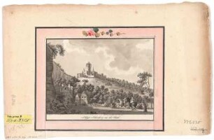 Ansicht von Schloss Schönburg an der Saale, Kupferstich, 1786 : Schwarz, Karl Benjamin : Schloß Schönburg an der Saale / Schwarze. - [S.l.] , 1786. - 1 Kunstbl. : getuschter Kupferst. ; 21 x 15 cm