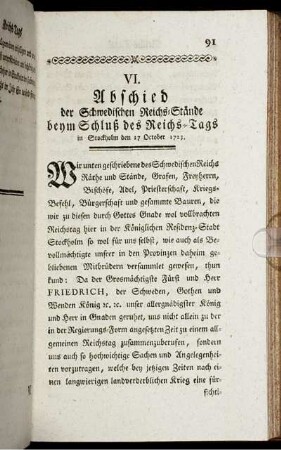 VI. Abschied der Schwedischen Reichs-Stände beym Schluß des Reichs-Tags in Stockholm den 17 October 1723.