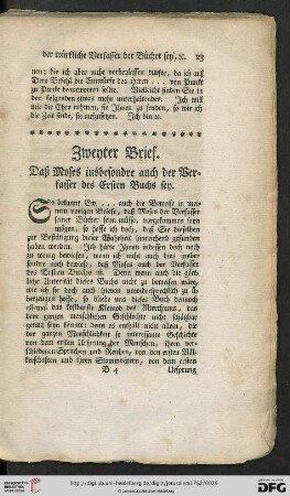 Zweyter Brief. Daß Moses insbesondre auch der Verfasser des Ersten Buchs sey