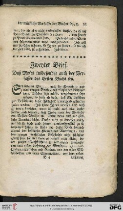 Zweyter Brief. Daß Moses insbesondre auch der Verfasser des Ersten Buchs sey
