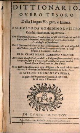 Dittionario overo tesoro della lingua volgare, e latina