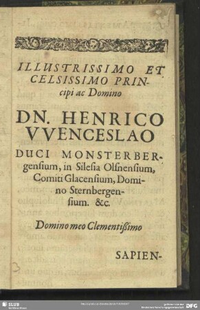 Illustrissimo et Celsissimo Principi ac Domino