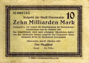 Eberswalde, Stadt: 10 Milliarden Mark 1923