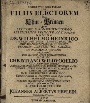 Dissertatio Jvris Pvblici De Filiis Electorvm : = Von Chur-Printzen