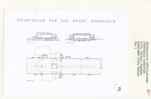 Stadthalle Rosenheim (Diplomarbeit bei Willy Kreuer): Grundriss Untergeschoss und Schnitte