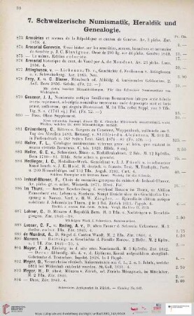 7. Schweizerische Numismatik, Heraldik und Genealogie (Nr. 873 - 946)