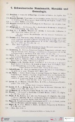 7. Schweizerische Numismatik, Heraldik und Genealogie (Nr. 873 - 946)