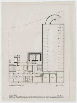 Beschränkter Wettbewerb Erweiterung der Grundkreditbank (nicht realisiert) – Grundriss UG. Berlin-Schöneberg, Nürnberger Straße 68-69