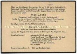 Todesanzeige für die Brüder Max und Erich Groth (Freunde der Familie Döring) - Personenkonvolut