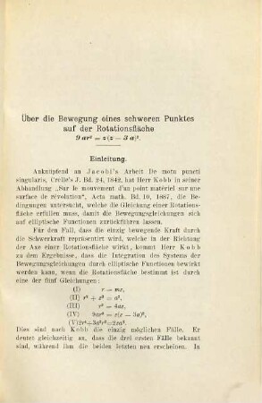 Ein Beitrag zur Theorie der Bewegung eines materiellen Punktes auf einer Rotationsfläche : ein Doppelproblem, welches die elliptischen Functionen in allen möglichen Formen zur Anwendung bringt