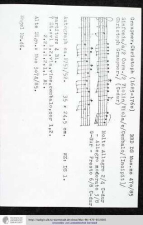 Sinfonia / a / 2 Corn. / 2 Violin / Viola / e / Cembalo / [Incipit] / Christoph Graupner.