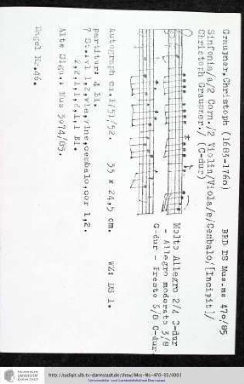 Sinfonia / a / 2 Corn. / 2 Violin / Viola / e / Cembalo / [Incipit] / Christoph Graupner.