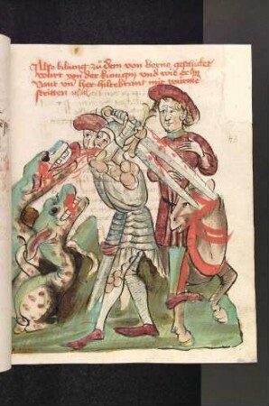 Der Bote Bibung findet Hildebrand und Dietrich, die mit den Drachen kämpfen
