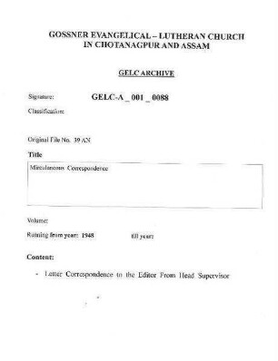 Miscellaneous Correspondence