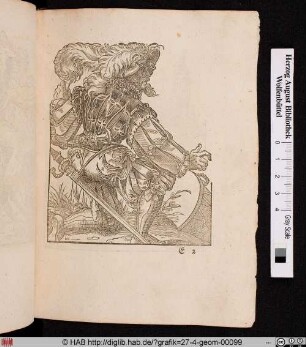 Ein kniender Landsknecht mit Trommel.