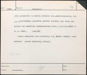 Otto Lilienthal in Berlin erfindet den Modellbaukasten, der aus gleichmäßig gelochten Blechen besteht, aus denen man Bauten und Maschinen zusammensetzen kann