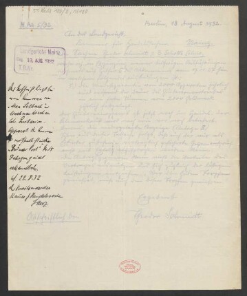 Brief an Landgericht / Kammer für Handelssachen <Mainz> : 18.08.1932