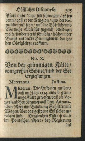 No. X. Von der grimmigen Kälte/ vom grossen Schnee/ und der See Ergiessungen.