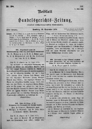 Beiblatt zur hamburgischen Handelsgerichts-Zeitung No. 38. Elfter Jahrgang. Hamburg, 25. September 1878.