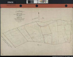 Teilverkoppelung innerhalb der Feldmark LANGEN: Urkarte II in der Sache betr. die Verkoppelung von Langen, Sektion VI Ausf.-Art: Farbige Handzeichnung auf Papier Hersteller: angefertigt durch den Landmesser Koch, verglichen durch Oberlandmesser Kerkhof, geprüft durch Oberlandmesser Werner Format: 66 x 100 cm Maßstab 1: 2000