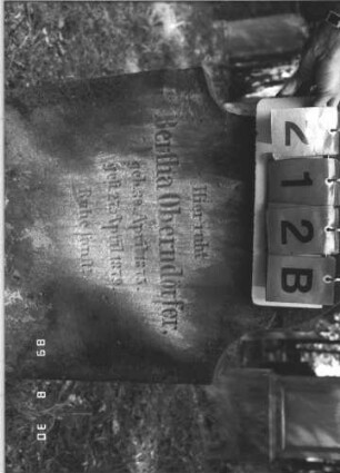 Grabstein 212 (Index: 99609848) Material: Sandstein Zustand: stark verwittert, weitgehender Textverlust Maße HxBxT: 96x57x12 cm Beschreibung: Stele, geschwungen eingezogener hoher Bogenabschluß, Schriftfeld eingetieft Symbolik: Rosette Besonderheit: Kindergrab: Grabstein 212B