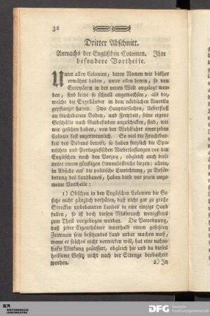 Dritter Abschnitt. Anwachs der Englischen Colonien. Ihre besondere Vortheile.